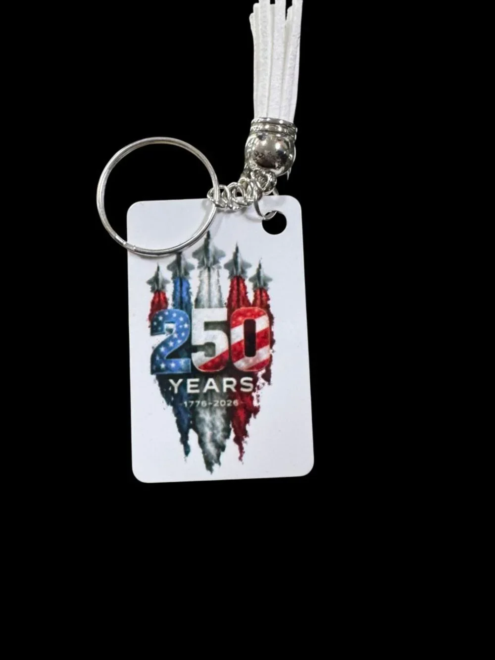 USA 250 Years Anniversary Keychain, Metal, White Tassel, Patriotic 1776-2026 Com